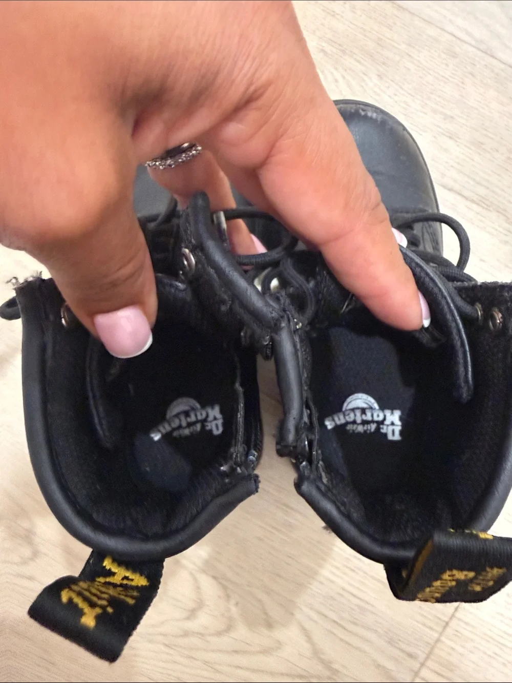 Dr. Martens Kids Black Leather Lace-Up Ankle Boots with Yellow Stitching